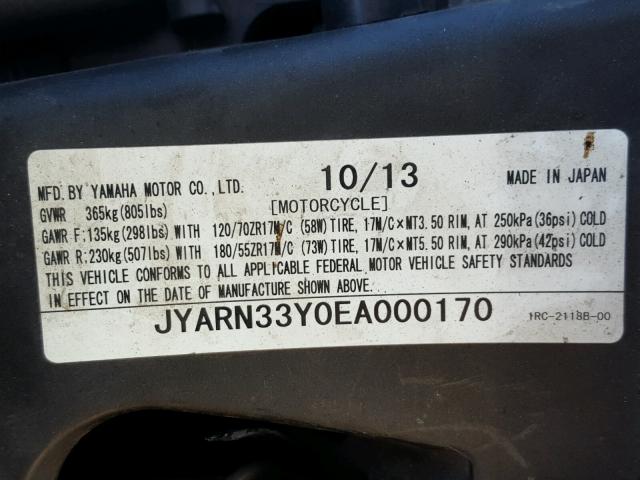 JYARN33Y0EA000170 - 2014 YAMAHA FZ09 C CHARCOAL photo 10