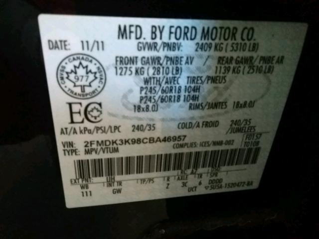 2FMDK3K98CBA46957 - 2012 FORD EDGE LIMIT BLACK photo 10