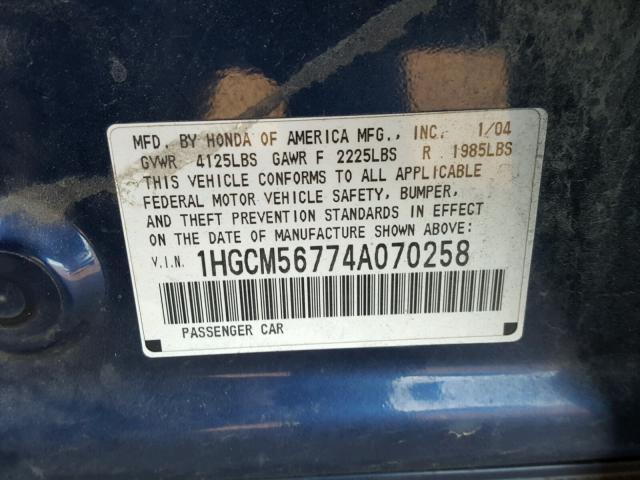 1HGCM56774A070258 - 2004 HONDA ACCORD EX BLUE photo 10