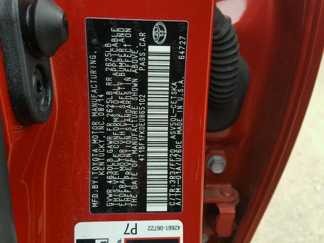 4T1BF1FK0EU865102 - 2014 TOYOTA CAMRY L RED photo 10