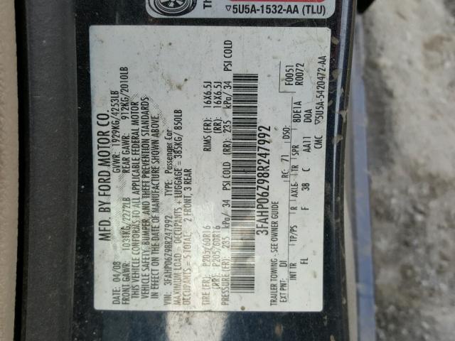 3FAHP06Z98R247992 - 2008 FORD FUSION S BLUE photo 10