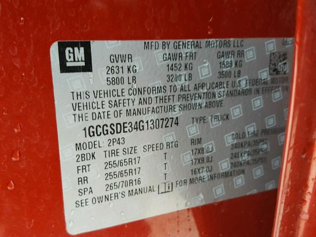 1GCGSDE34G1307274 - 2016 CHEVROLET COLORADO Z RED photo 10