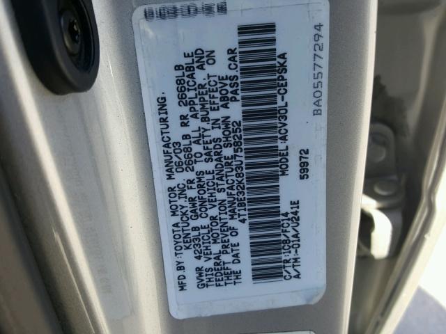 4T1BE32K83U758252 - 2003 TOYOTA CAMRY LE SILVER photo 10