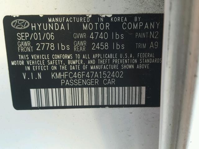 KMHFC46F47A152402 - 2007 HYUNDAI AZERA SE WHITE photo 10