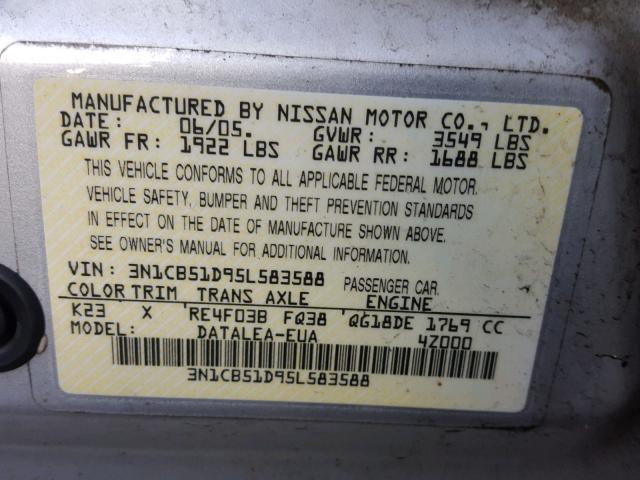 3N1CB51D95L583588 - 2005 NISSAN SENTRA 1.8 SILVER photo 10