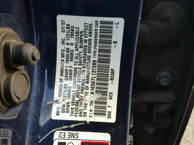 1HGFA16567L137289 - 2007 HONDA CIVIC LX BLUE photo 10