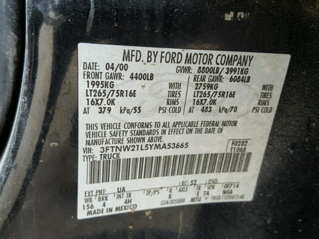 3FTNW21L5YMA53665 - 2000 FORD F250 SUPER BLACK photo 10