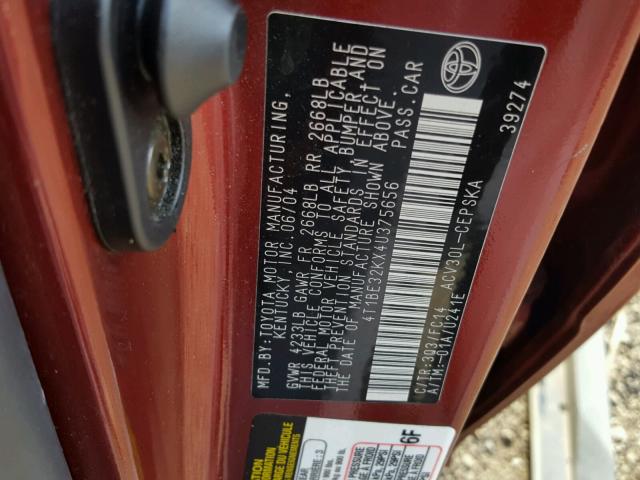 4T1BE32KX4U375656 - 2004 TOYOTA CAMRY LE BURGUNDY photo 10