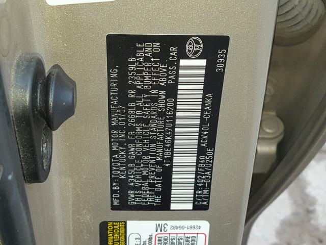 4T1BE46K47U116200 - 2007 TOYOTA CAMRY NEW BEIGE photo 10