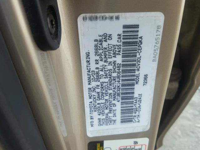 4T1BE32K14U806482 - 2004 TOYOTA CAMRY LE 金色 照片 10