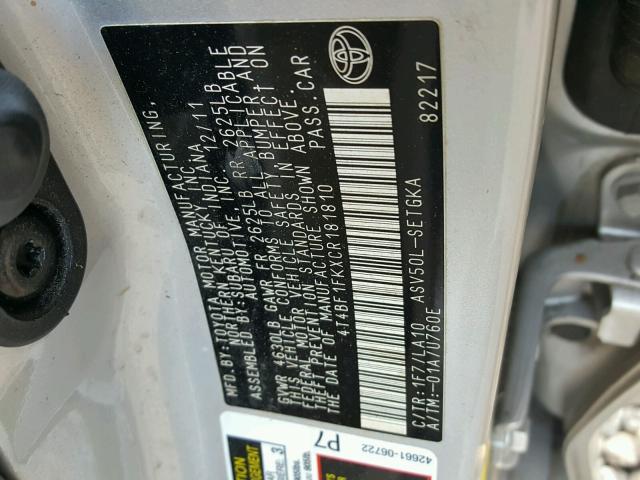 4T4BF1FKXCR181810 - 2012 TOYOTA CAMRY BASE SILVER photo 10
