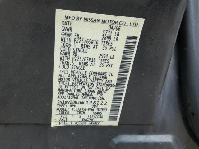 5N1BV28U36N128222 - 2006 NISSAN QUEST S GRAY photo 10