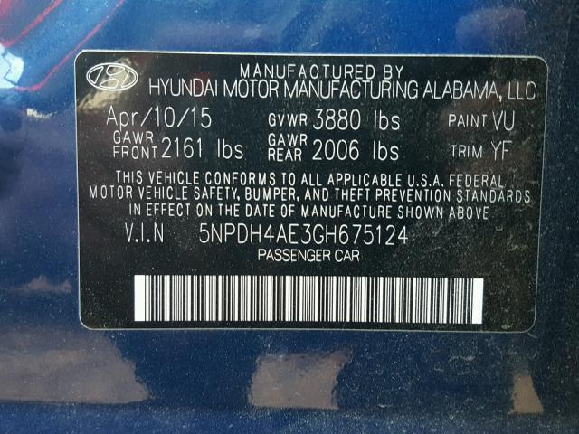 5NPDH4AE3GH675124 - 2016 HYUNDAI ELANTRA SE BLUE photo 10