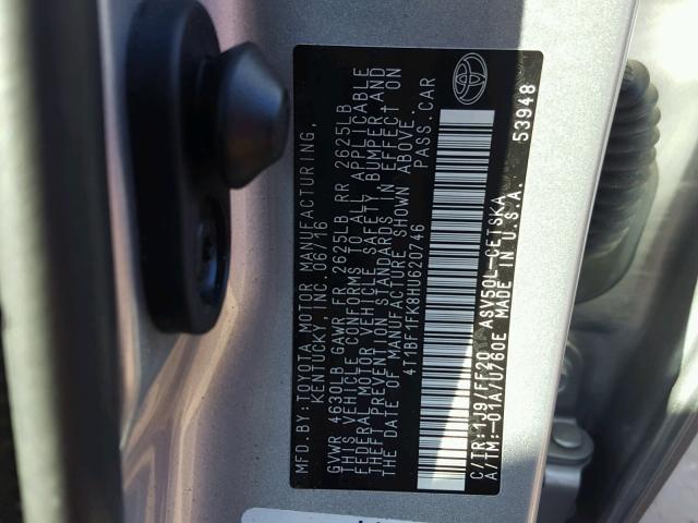 4T1BF1FK8HU620746 - 2017 TOYOTA CAMRY LE SILVER photo 10