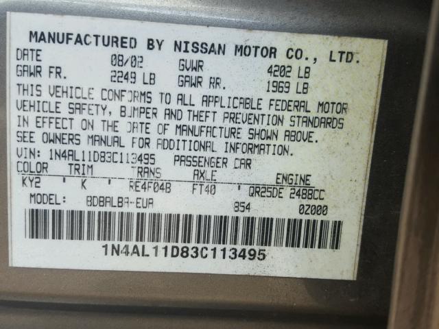 1N4AL11D83C113495 - 2003 NISSAN ALTIMA BAS GRAY photo 10