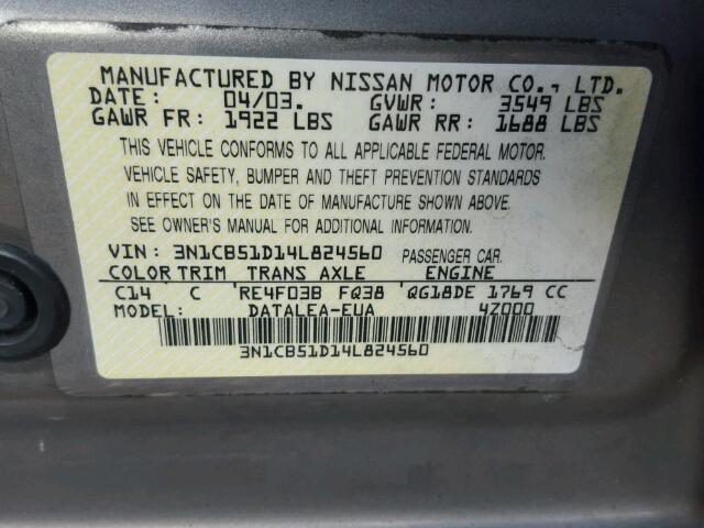 3N1CB51D14L824560 - 2004 NISSAN SENTRA 1.8 TAN photo 10