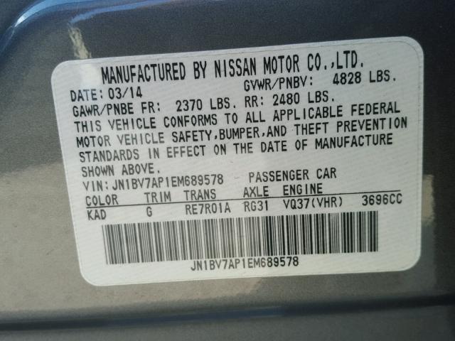 JN1BV7AP1EM689578 - 2014 INFINITI Q50 BASE Сірий фото 10