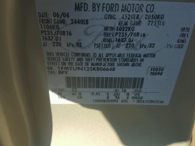 1FMYU94125KB06648 - 2005 FORD ESCAPE LIM GOLD photo 10