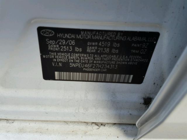 5NPEU46F27H234313 - 2007 HYUNDAI SONATA SE WHITE photo 10