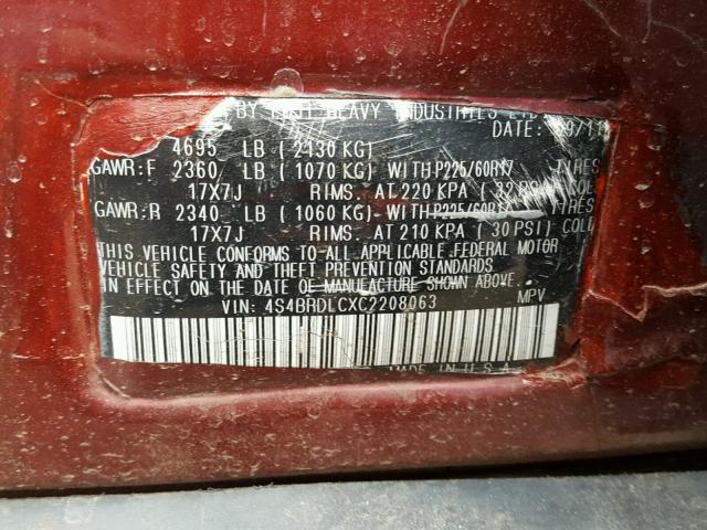 4S4BRDLCXC2208063 - 2012 SUBARU OUTBACK 3. MAROON photo 10