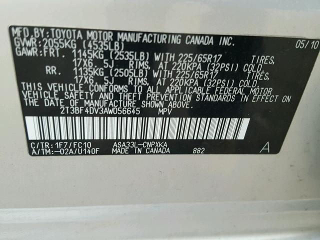 2T3BF4DV3AW056645 - 2010 TOYOTA RAV4 SILVER photo 10