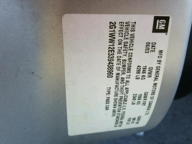 2G1WW12E339438960 - 2003 CHEVROLET MONTE CARL ვერცხლისფერი ფოტო 10