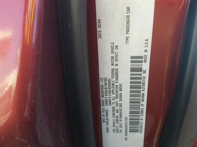 4S3BE625447211737 - 2004 SUBARU LEGACY L S RED photo 10