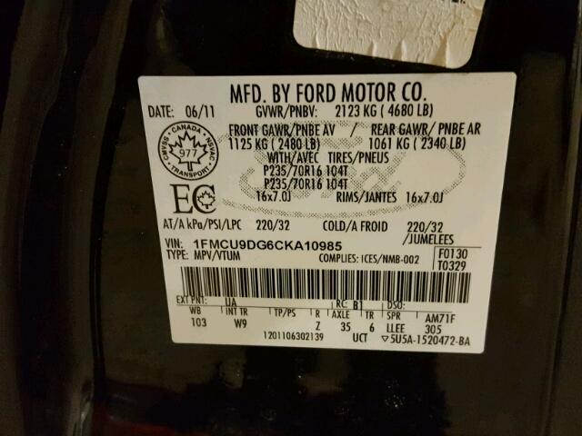 1FMCU9DG6CKA10985 - 2012 FORD ESCAPE XLT BLACK photo 10