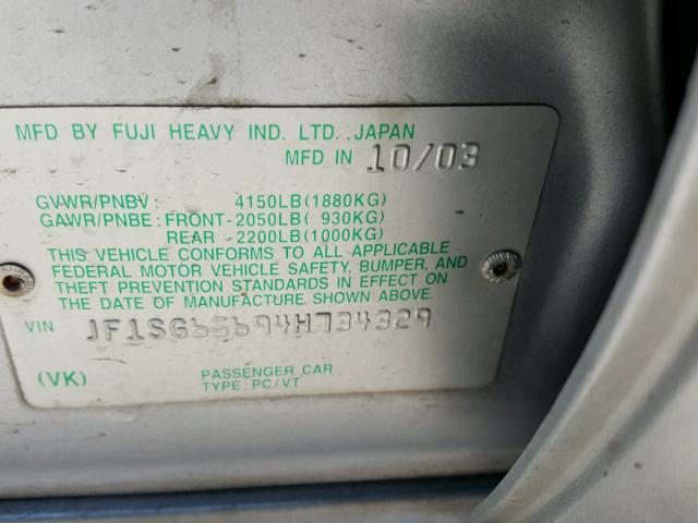 JF1SG65694H734329 - 2004 SUBARU FORESTER 2 Серебристый фото 10