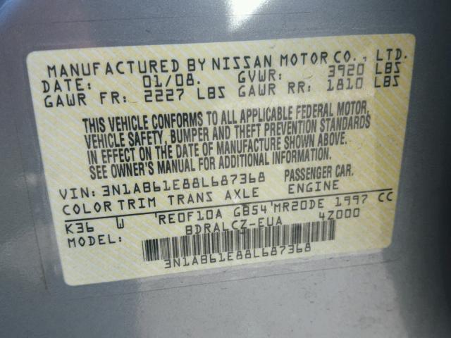 3N1AB61E88L687368 - 2008 NISSAN SENTRA 2.0 GRAY photo 10