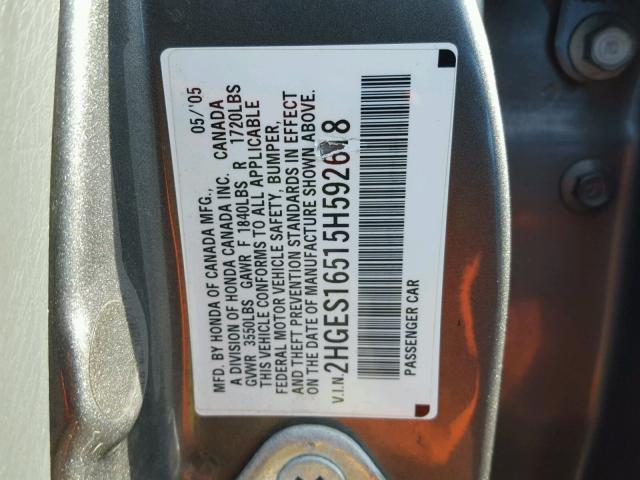 2HGES16515H592618 - 2005 HONDA CIVIC LX GRAY photo 10