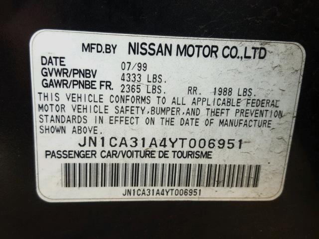 JN1CA31A4YT006951 - 2000 NISSAN MAXIMA GLE CHARCOAL photo 10