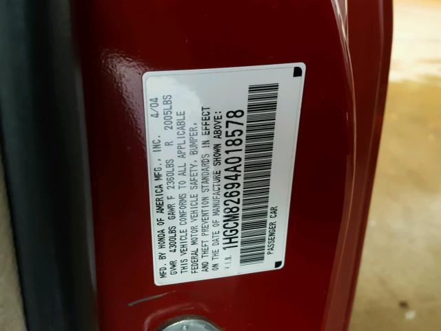 1HGCM82694A018578 - 2004 HONDA ACCORD EX RED photo 10