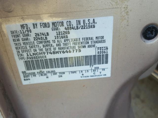 1LNCM9748MY646775 - 1991 LINCOLN CONTINENTA TAN photo 10