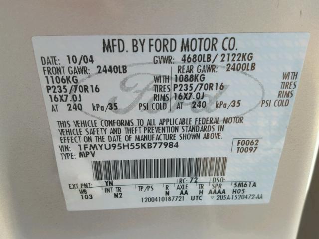 1FMYU95H55KB77984 - 2005 FORD ESCAPE HEV SILVER photo 10