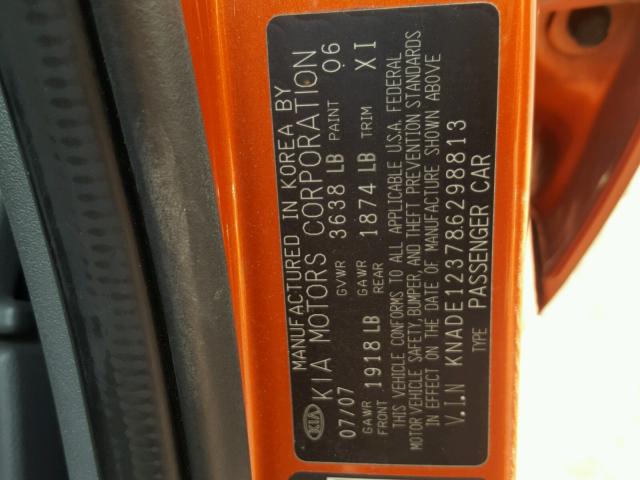 KNADE123786298813 - 2008 KIA RIO BASE ORANGE photo 10