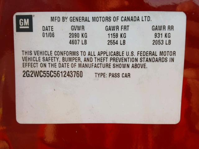 2G2WC55C561243760 - 2006 PONTIAC GRAND PRIX წითელი ფოტო 10