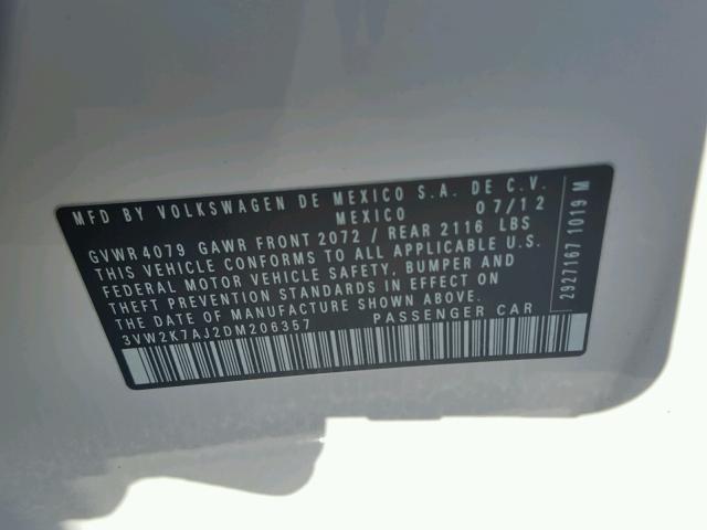 3VW2K7AJ2DM206357 - 2013 VOLKSWAGEN JETTA BASE WHITE photo 10