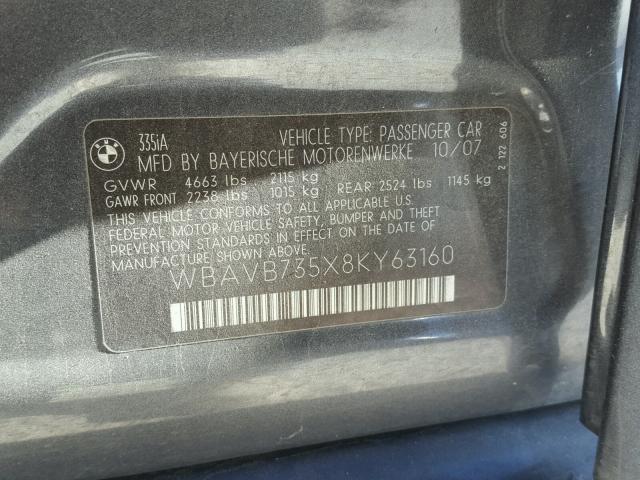 WBAVB735X8KY63160 - 2008 BMW 335 I GRAY photo 10