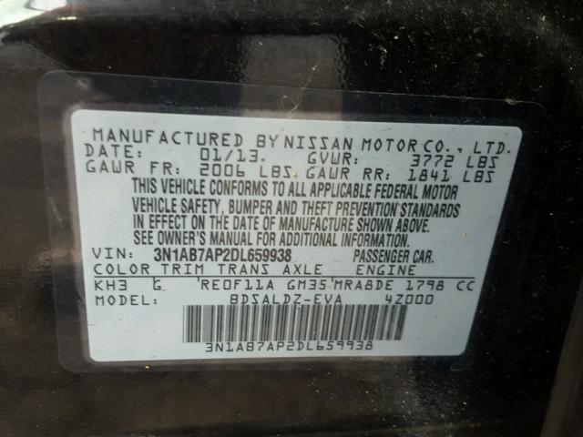 3N1AB7AP2DL659938 - 2013 NISSAN SENTRA S BLACK photo 10