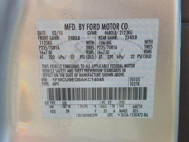 1FMCU9EG9AKC14045 - 2010 FORD ESCAPE LIM SILVER photo 10