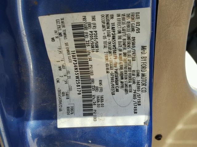 1FAFP34N55W258179 - 2005 FORD FOCUS ZX4 BLUE photo 10