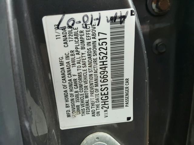 2HGES16694H522517 - 2004 HONDA CIVIC LX CHARCOAL photo 10