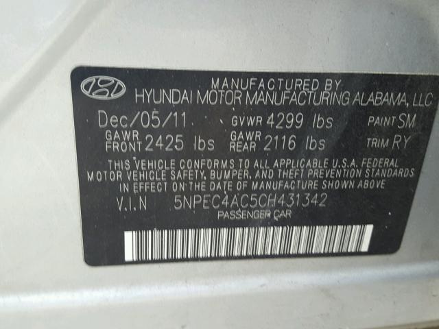 5NPEC4AC5CH431342 - 2012 HYUNDAI SONATA SE SILVER photo 10