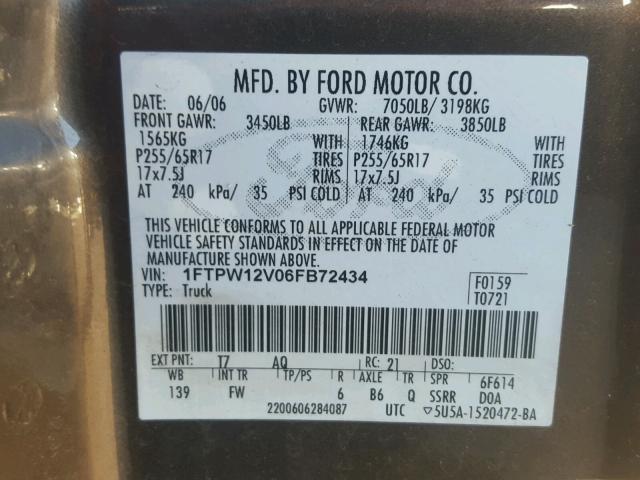 1FTPW12V06FB72434 - 2006 FORD F150 SUPER BROWN photo 10