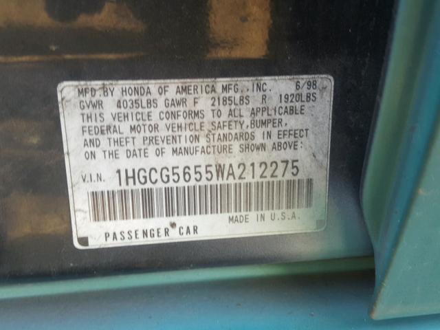 1HGCG5655WA212275 - 1998 HONDA ACCORD EX TEAL photo 10