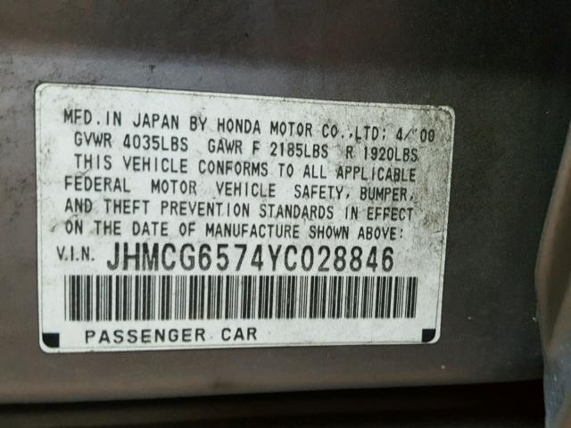 JHMCG6574YC028846 - 2000 HONDA ACCORD EX SILVER photo 10