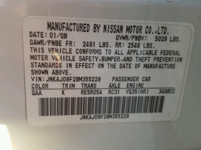 JNKAJ09F28M355229 - 2008 INFINITI EX35 BASE WHITE photo 10