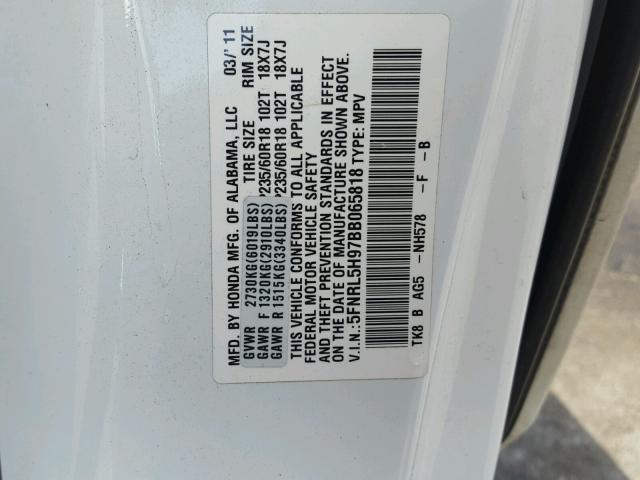 5FNRL5H97BB065818 - 2011 HONDA ODYSSEY TO WHITE photo 10