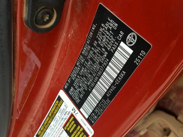 4T1BE46K19U377934 - 2009 TOYOTA CAMRY BASE RED photo 10